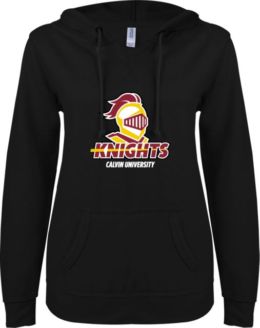 Calvin Univ ENZA Ladies V Notch Raw Edge Fleece Hoodie Knights with University - ONLINE ONLY