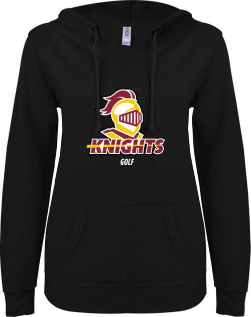 Calvin Univ ENZA Ladies V Notch Raw Edge Fleece Hoodie Golf Stacked - ONLINE ONLY