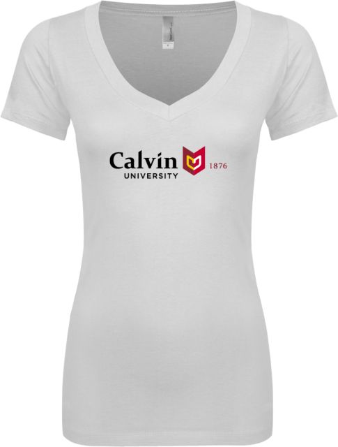 Calvin Univ Next Level Ladies Junior Fit Ideal V Tee University Logo 1876 Horizontal - ONLINE ONLY