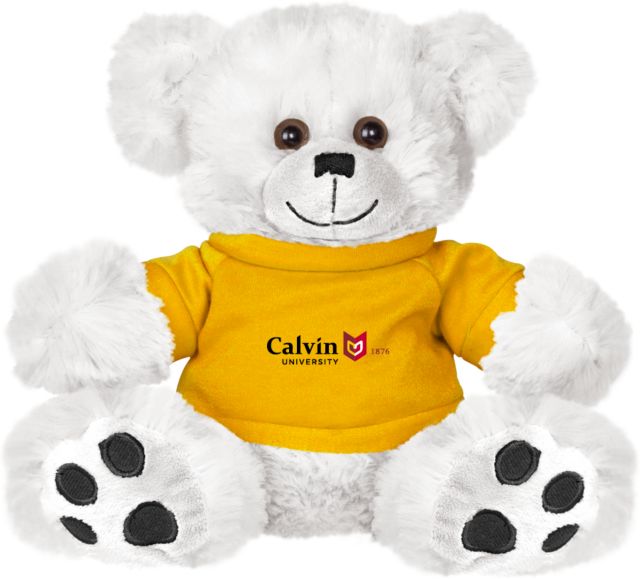 Calvin Univ Plush Big Paw 8 1/2 inch Bear w/Gold Shirt University Logo 1876 Horizontal - ONLINE ONLY